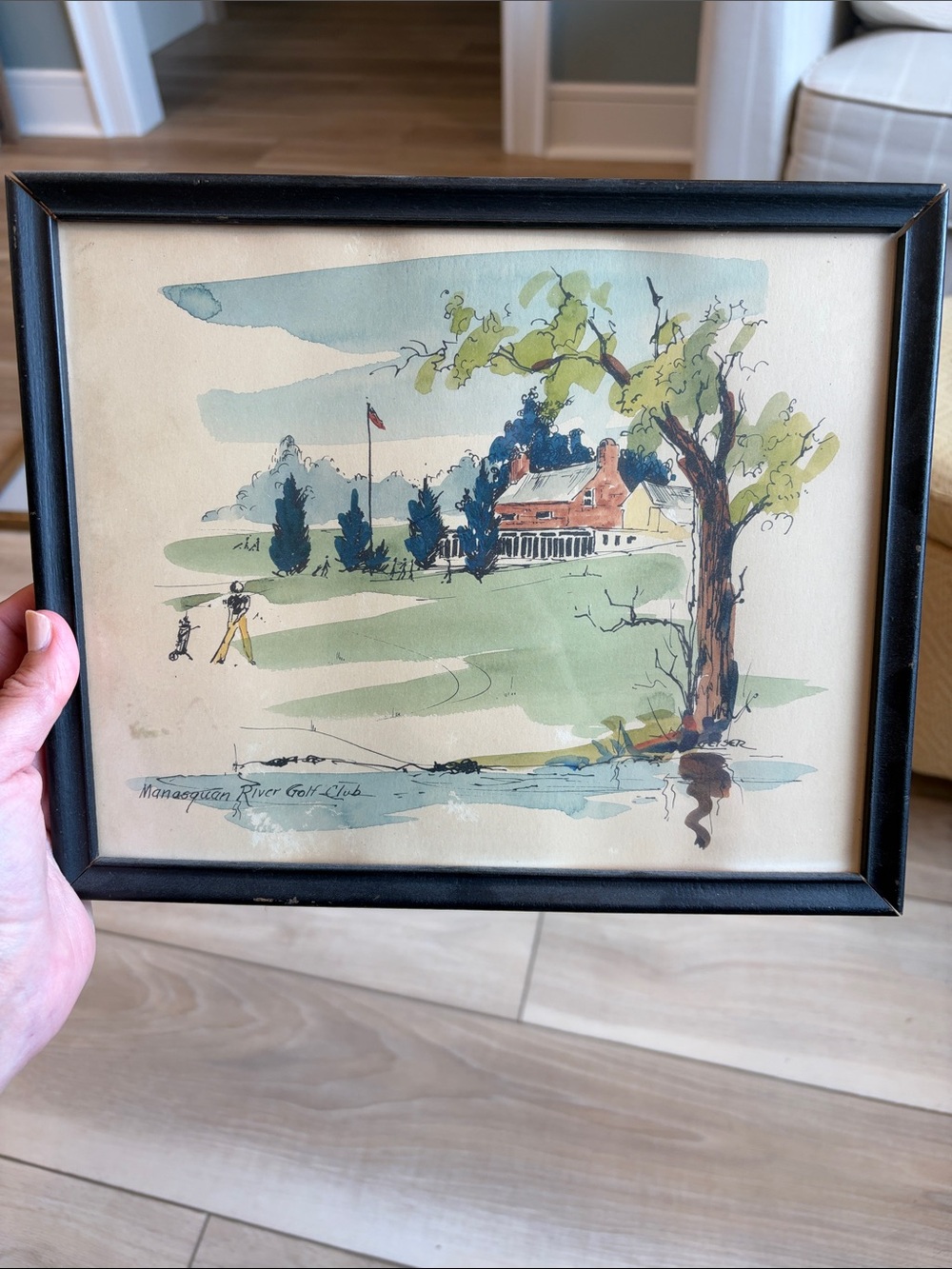 Vintage Golf Course Watercolor Print in Black Frame - Green